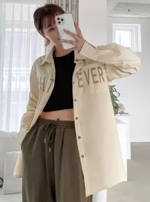 DAZY 字母图案落肩衬衫，秋装长袖上衣 - 卡其色 - 查看 4