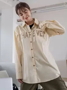 DAZY 字母图案落肩衬衫，秋装长袖上衣 - 卡其色 - 查看 6