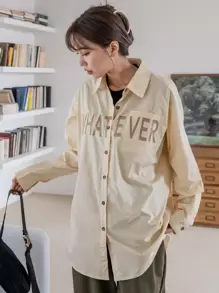 DAZY 字母图案落肩衬衫，秋装长袖上衣 - 卡其色 - 查看 7
