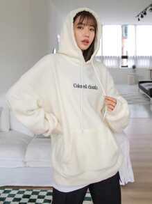 DAZY Letter Embroidery Kangaroo Pocket Drop Shoulder Drawstring Fleece Hoodie - Beige - View 2