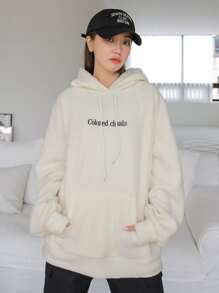 DAZY Letter Embroidery Kangaroo Pocket Drop Shoulder Drawstring Fleece Hoodie - Beige - View 3