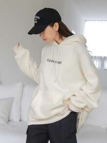 DAZY Letter Embroidery Kangaroo Pocket Drop Shoulder Drawstring Fleece Hoodie - Beige - View 4