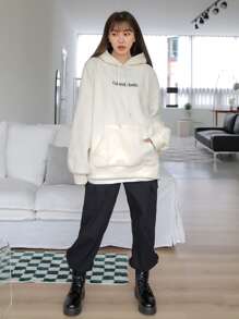 DAZY Letter Embroidery Kangaroo Pocket Drop Shoulder Drawstring Fleece Hoodie - Beige - View 5