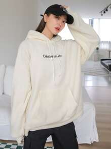 DAZY Letter Embroidery Kangaroo Pocket Drop Shoulder Drawstring Fleece Hoodie - Beige - View 6