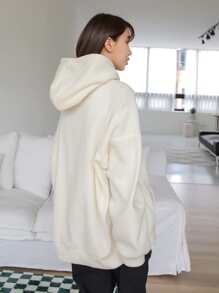 DAZY Letter Embroidery Kangaroo Pocket Drop Shoulder Drawstring Fleece Hoodie - Beige - View 7