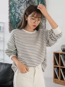 DAZY Sudadera oversize con hombros caídos, detalles de parche y rayas, manga larga, unisex, ropa de otoño, ropa de vuelta al colegio - Multicolor - Ver 3