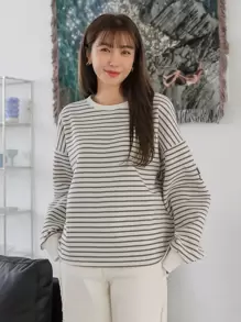 DAZY Sudadera oversize con hombros caídos, detalles de parche y rayas, manga larga, unisex, ropa de otoño, ropa de vuelta al colegio - Multicolor - Ver 5