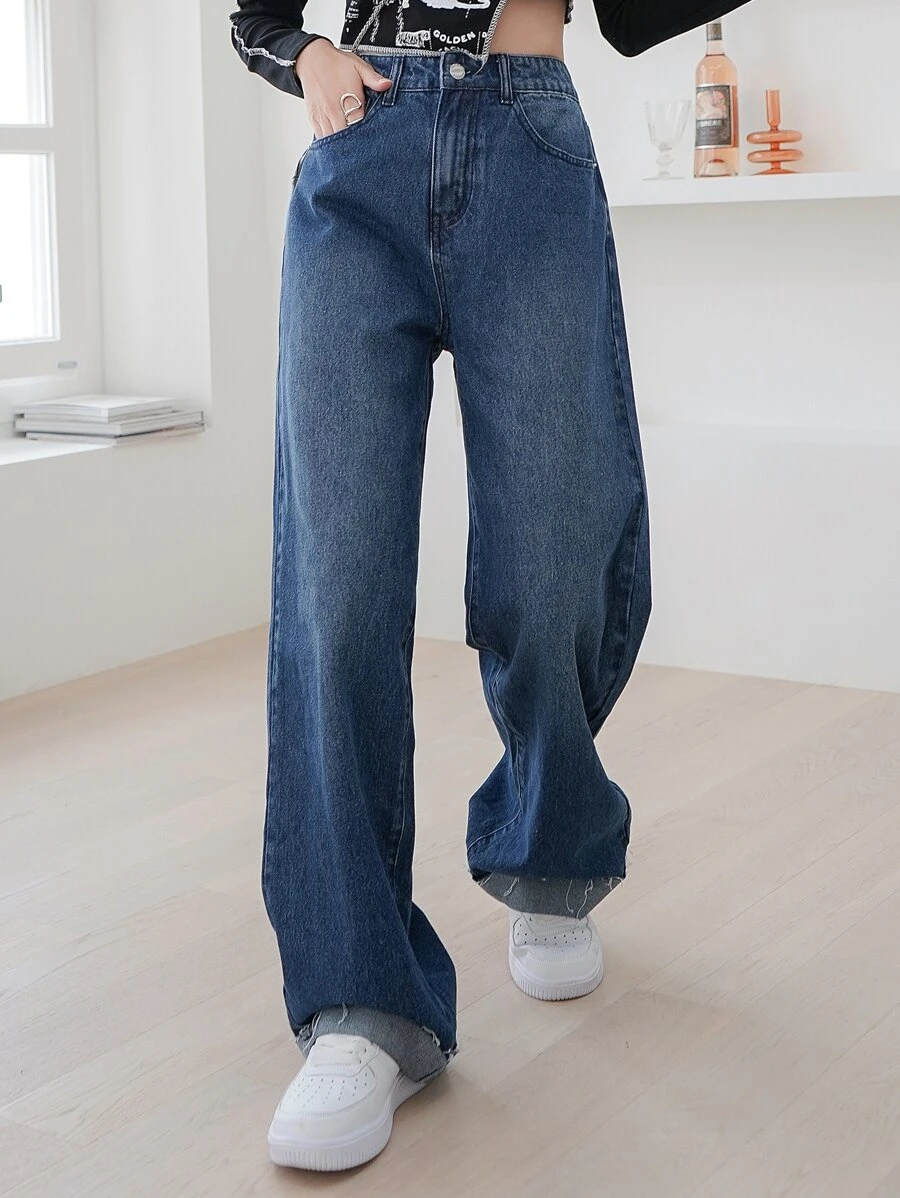 DAZY 高腰磨損邊闊腿牛仔褲 - 深色水洗藍 - 查看 1