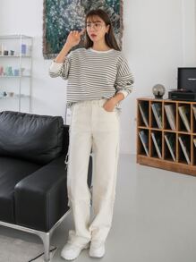 DAZY Sudadera oversize con hombros caídos, detalles de parche y rayas, manga larga, unisex, ropa de otoño, ropa de vuelta al colegio - Multicolor - Ver 6