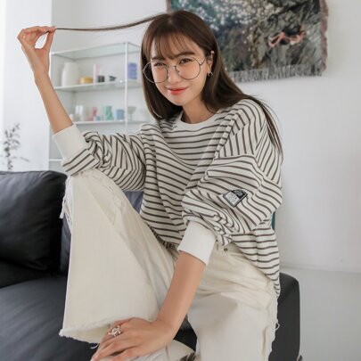 줄무늬 드롭 숄더 패치 디테일 오버사이즈 스웨트셔츠, 긴팔 탑, 유니섹스, 가을 의류, 학교 입학 의류