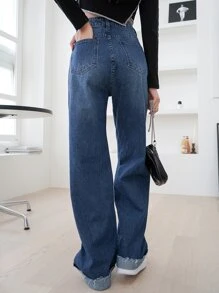 DAZY 高腰磨損邊闊腿牛仔褲 - 深色水洗藍 - 查看 2