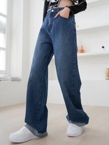 DAZY 高腰磨損邊闊腿牛仔褲 - 深色水洗藍 - 查看 3