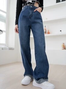 DAZY 高腰磨損邊闊腿牛仔褲 - 深色水洗藍 - 查看 4