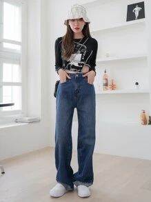 DAZY 高腰磨損邊闊腿牛仔褲 - 深色水洗藍 - 查看 5