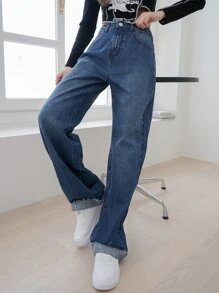 DAZY 高腰磨損邊闊腿牛仔褲 - 深色水洗藍 - 查看 6