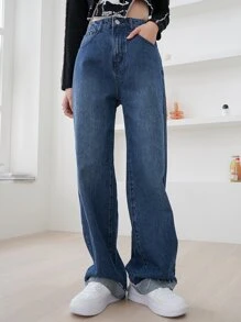 DAZY 高腰磨損邊闊腿牛仔褲 - 深色水洗藍 - 查看 7