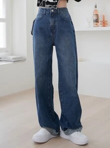 DAZY 高腰磨損邊闊腿牛仔褲 - 深色水洗藍 - 查看 8