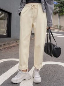 DAZY Pantaloni a gamba dritta con vita con laccio - Cachi - Visualizzare 1