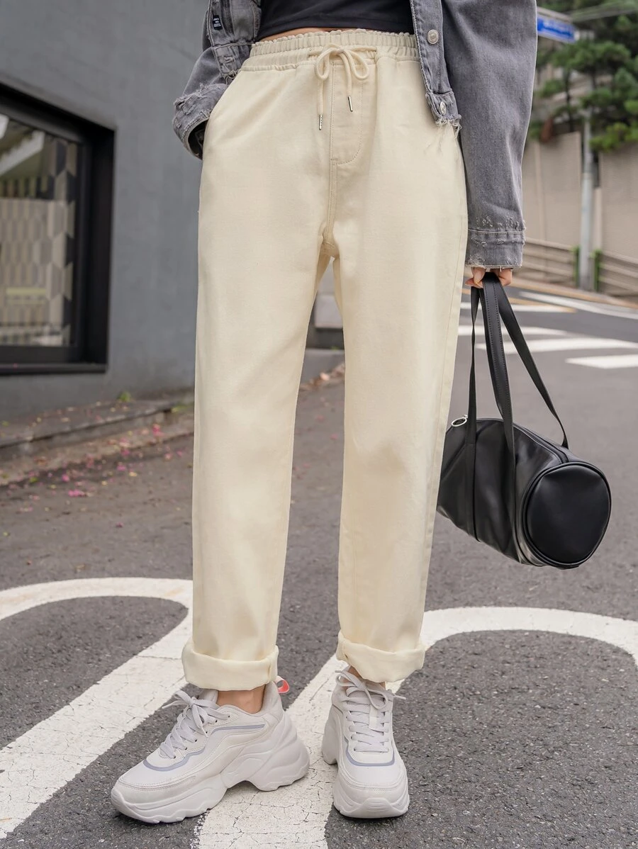 DAZY Pantaloni a gamba dritta con vita con laccio - Cachi - Visualizzare 1