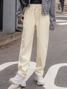 DAZY Pantaloni a gamba dritta con vita con laccio - Cachi - Visualizzare 3