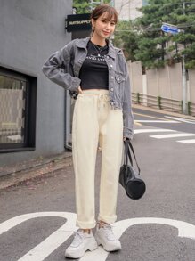 DAZY Pantaloni a gamba dritta con vita con laccio - Cachi - Visualizzare 4