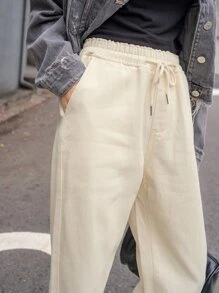 DAZY Pantaloni a gamba dritta con vita con laccio - Cachi - Visualizzare 5