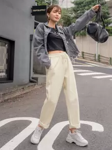 DAZY Pantaloni a gamba dritta con vita con laccio - Cachi - Visualizzare 7