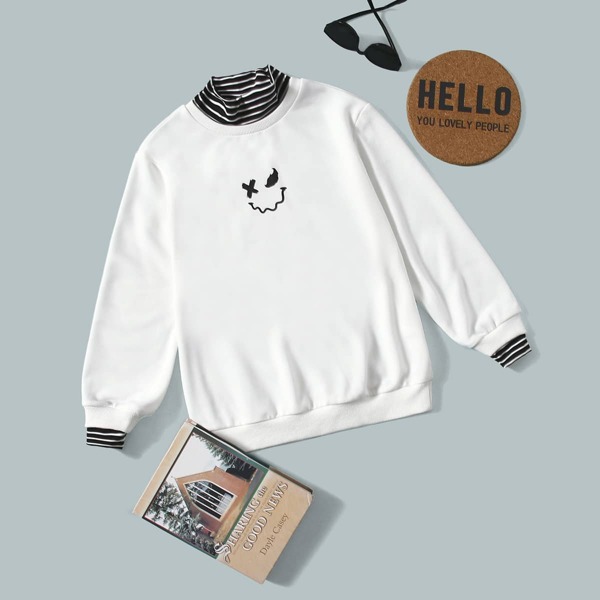 

Boys High Neck Striped Trim Cartoon Graphic Pullover, White