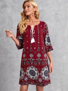 EMERY ROSE Mandala Print Tassel Tie Tunic Dress - Multicolor - View 1