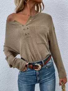 Notched Neck Pocket Front Drop Shoulder Tee - Khaki - View 1