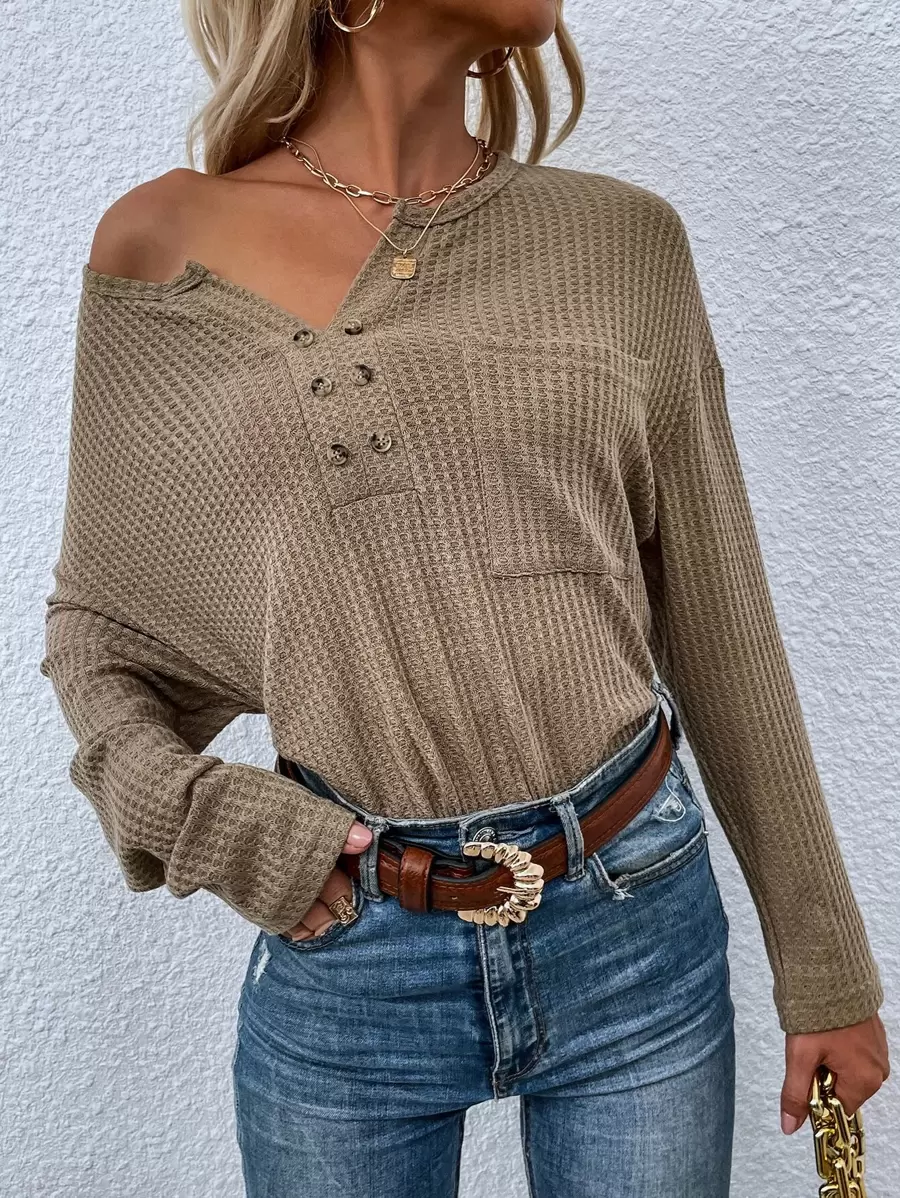 Notched Neck Pocket Front Drop Shoulder Tee - Khaki - View 1