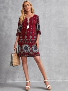 EMERY ROSE Mandala Print Tassel Tie Tunic Dress - Multicolor - View 3