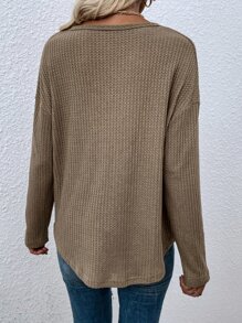 Notched Neck Pocket Front Drop Shoulder Tee - Khaki - View 2