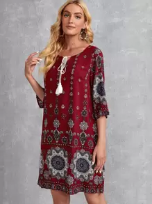 EMERY ROSE Mandala Print Tassel Tie Tunic Dress - Multicolor - View 4