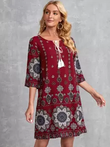 EMERY ROSE Mandala Print Tassel Tie Tunic Dress - Multicolor - View 5