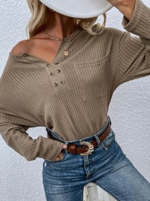 Notched Neck Pocket Front Drop Shoulder Tee - Khaki - View 3