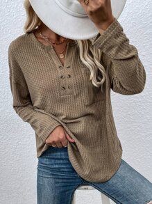 Notched Neck Pocket Front Drop Shoulder Tee - Khaki - View 4