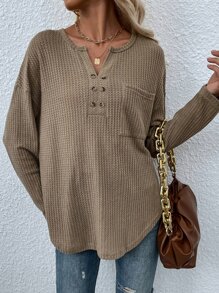 Notched Neck Pocket Front Drop Shoulder Tee - Khaki - View 5