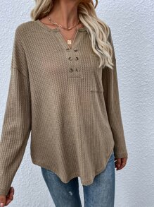 Notched Neck Pocket Front Drop Shoulder Tee - Khaki - View 6