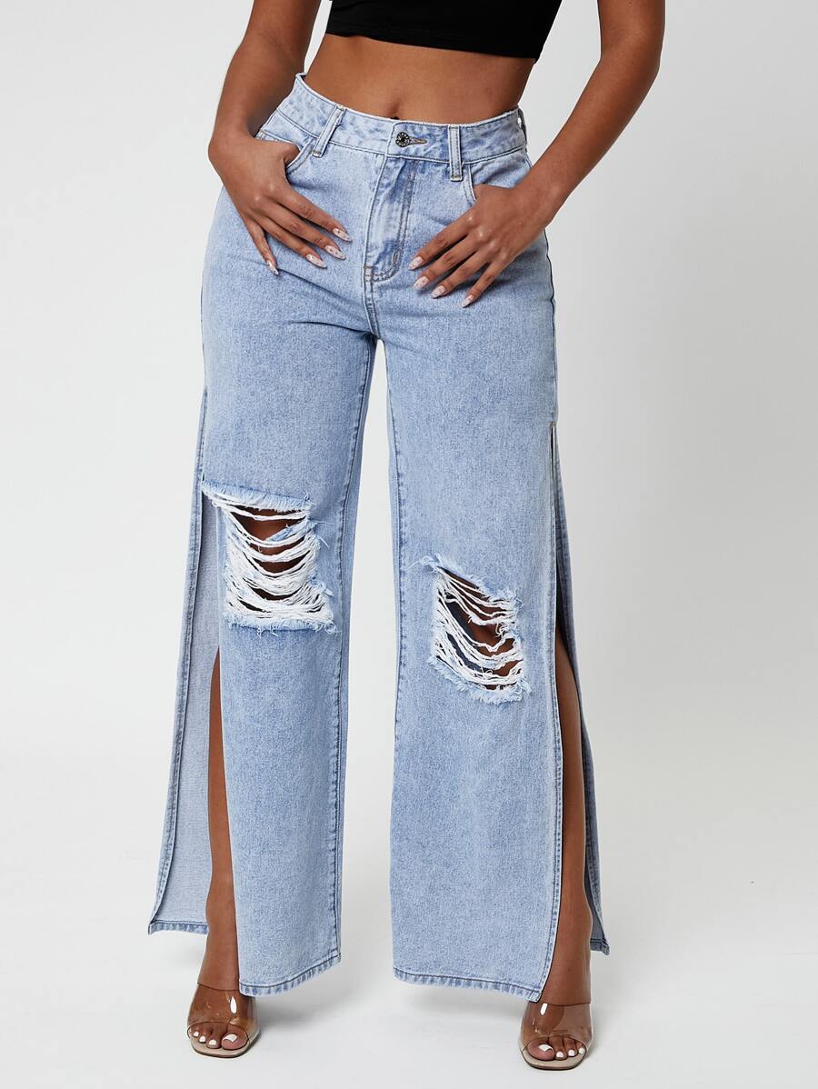 Ripped Split Thigh Wide Leg Jeans