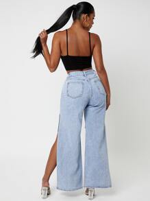 Ripped Split Thigh Wide Leg Jeans