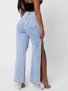 Ripped Split Thigh Wide Leg Jeans