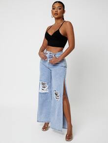 Ripped Split Thigh Wide Leg Jeans