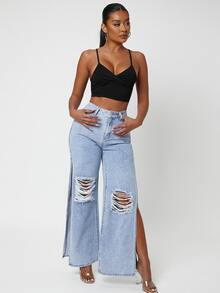 Ripped Split Thigh Wide Leg Jeans