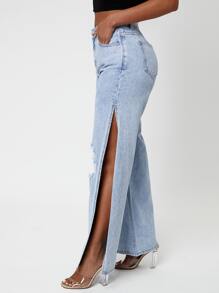 Ripped Split Thigh Wide Leg Jeans