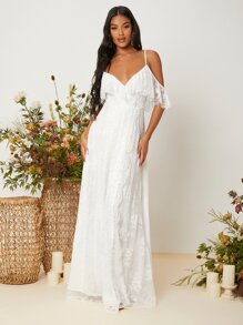 SHEIN Belle Cold Shoulder Eyelash Lace Wedding Dress - White - View 1