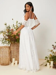 SHEIN Belle Cold Shoulder Eyelash Lace Wedding Dress - White - View 3