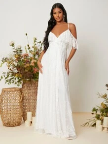 SHEIN Belle Cold Shoulder Eyelash Lace Wedding Dress - White - View 2