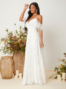 SHEIN Belle Cold Shoulder Eyelash Lace Wedding Dress - White - View 5