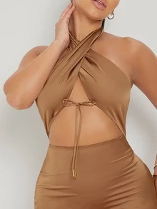 SHEIN Unity Halter Neck Tie Satin Bodycon Mini Dress - Khaki - View 3